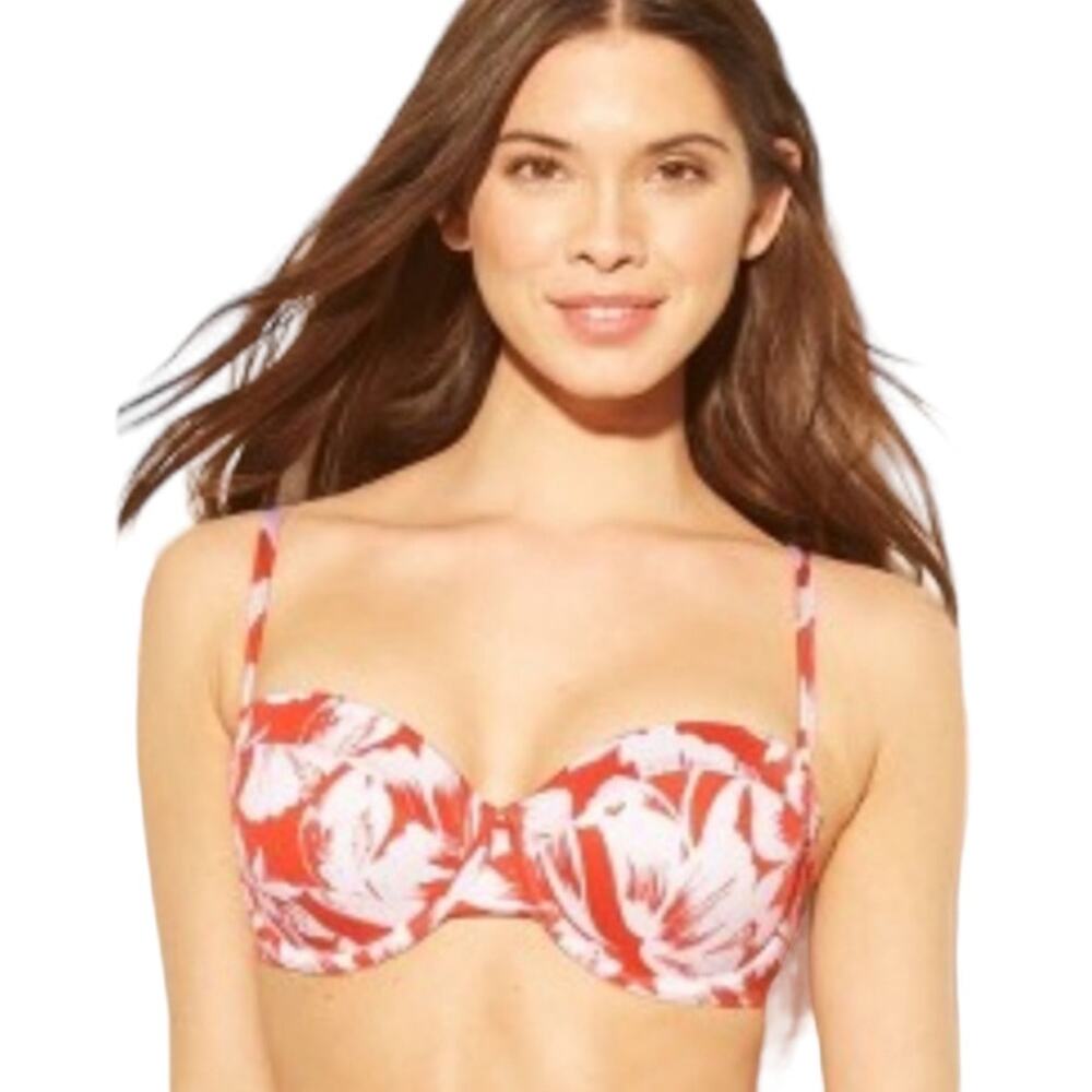 Shade & Shore Swimsuit Top Womens Size 34B Orange White Bikini Halter Tie Back